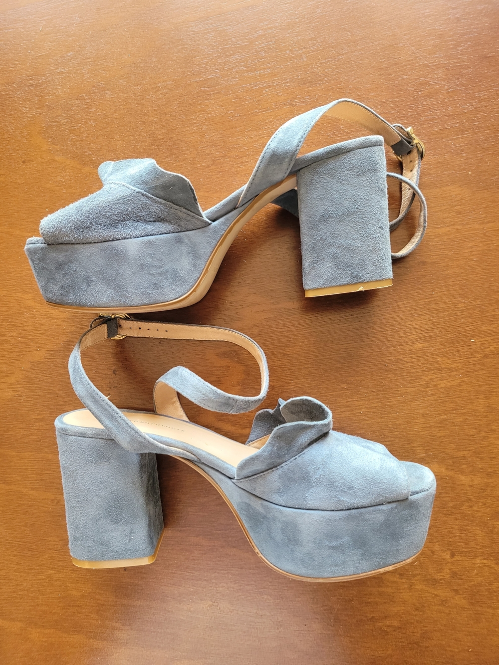 Anthropologie Blue Suede Platform Sandals With Ankle Strap